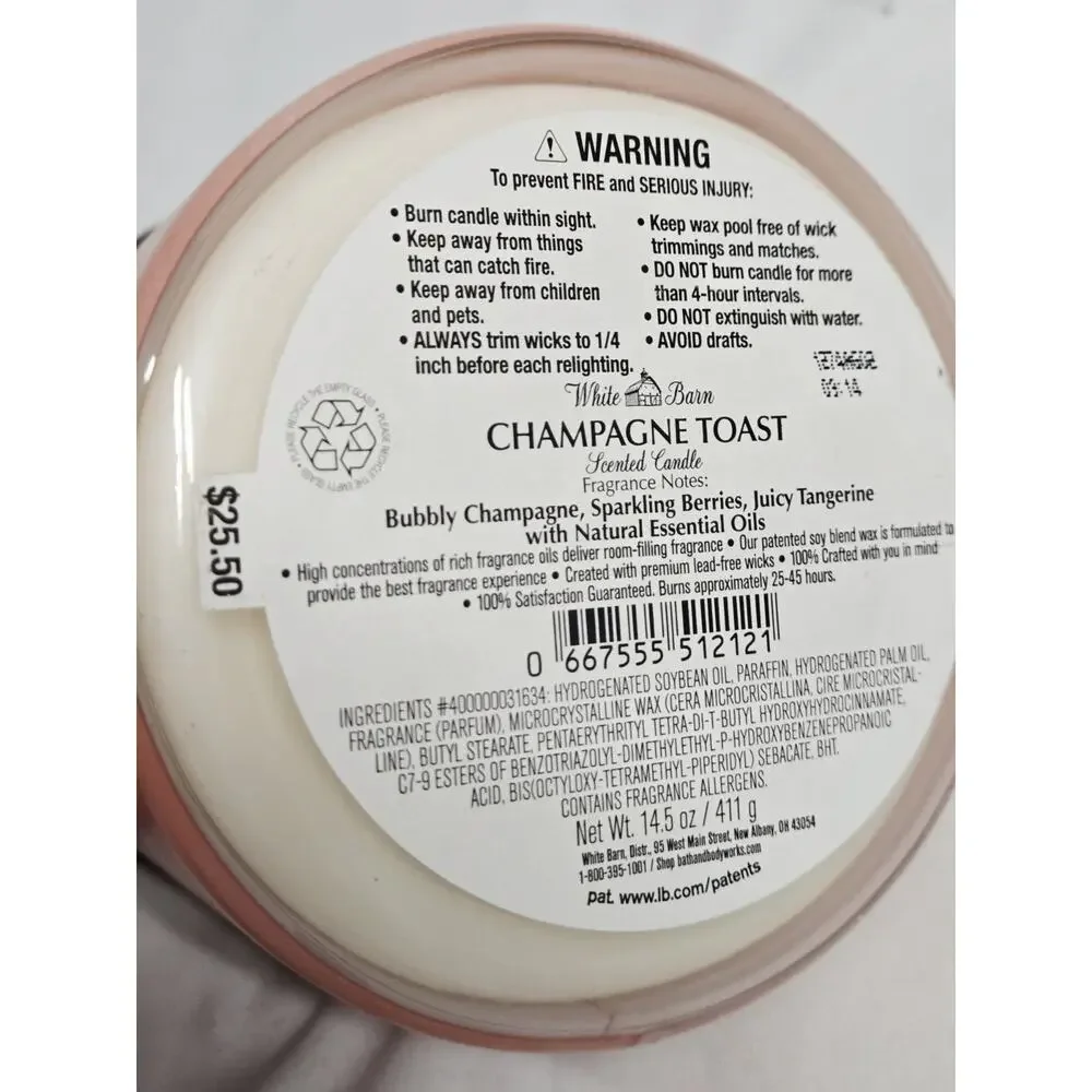 New White Barn Champagne Toast Scented 3 Wick Candle Burns 25-45 Hrs 14.5oz - Picture 4 of 5